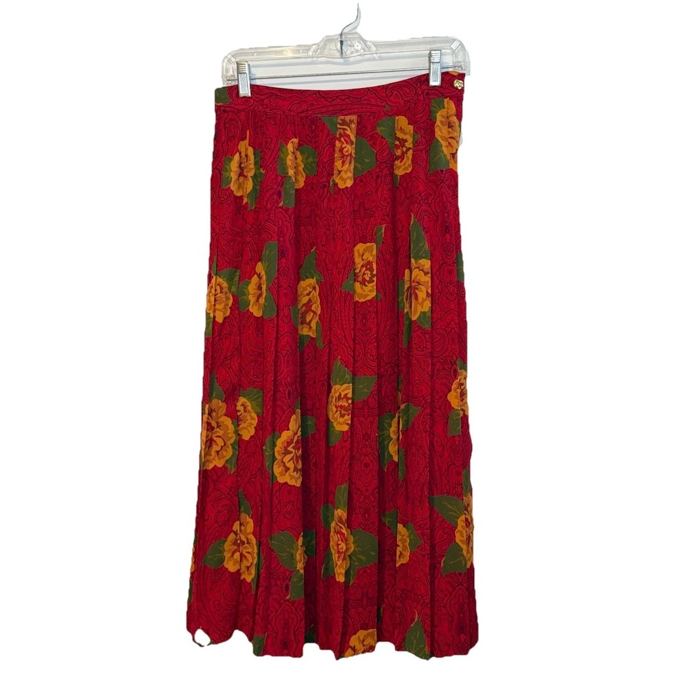 Vintage‎ 90s SK & Co Red Yellow Floral Midi Pleated Skirt Size 10 Cottagecore